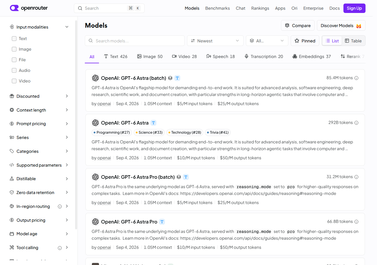 OpenRouter Models 页面，左侧为筛选区，右侧为模型列表