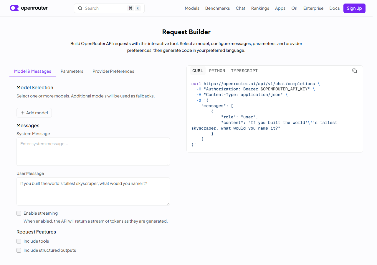 OpenRouter Request Builder 页面，展示 API 调用示例
